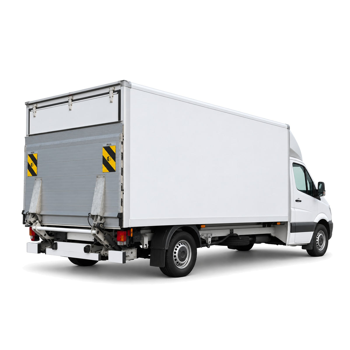 Mercedes Sprinter Kastenwagen mit Hebebühne (lang, 430 cm) mieten in Muttenz bei Basel – Heckansicht mit Ladebordwand