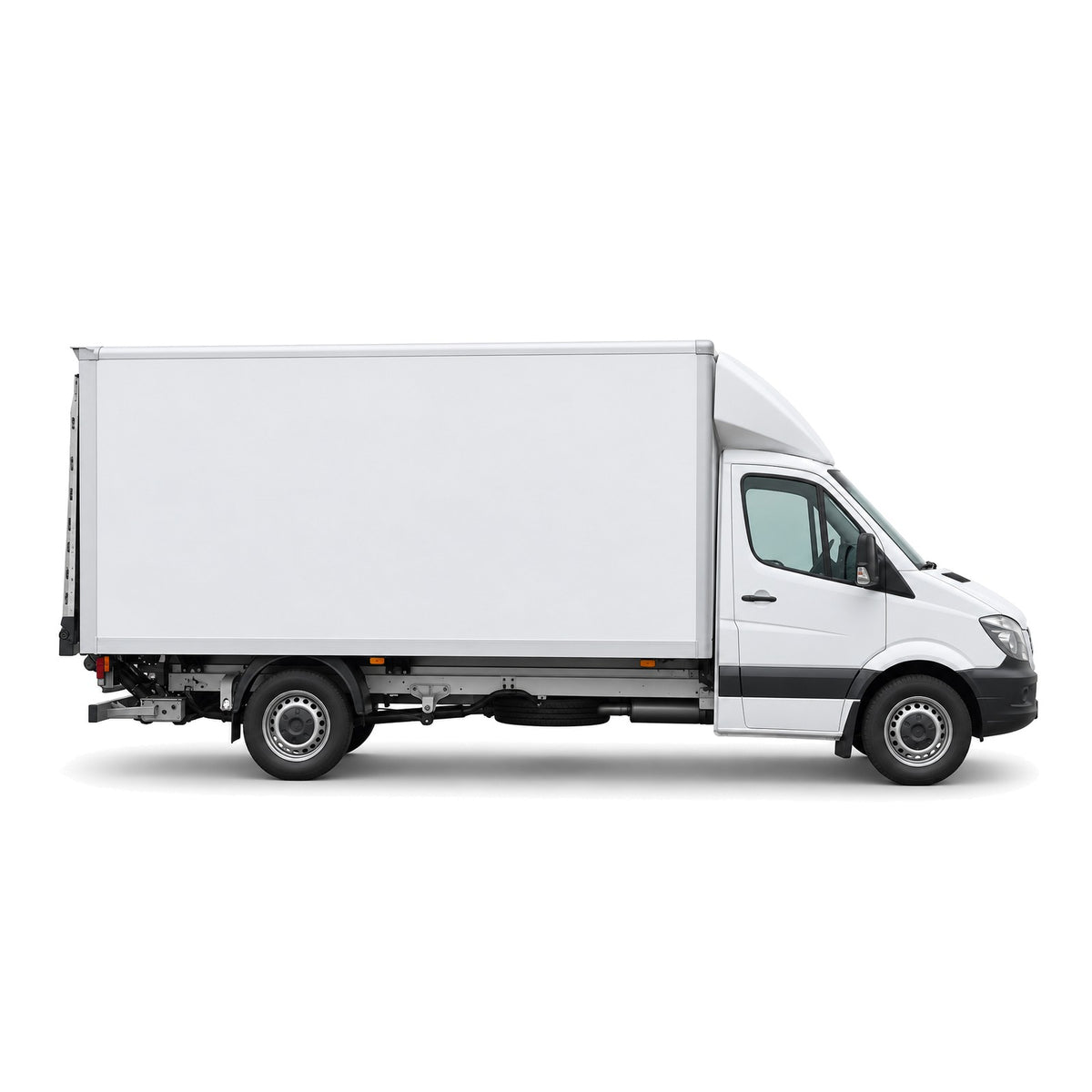Mercedes Sprinter Kastenwagen mit Hebebühne (lang, 430 cm) mieten in Muttenz bei Basel – Seitenansicht